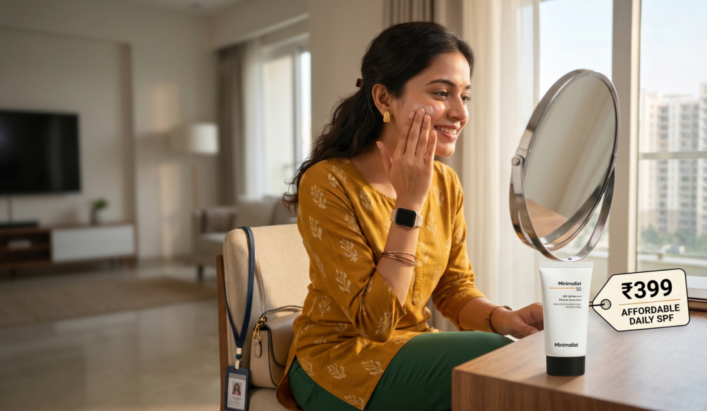 Woman applying sunscreen as part of a daily skincare routine
